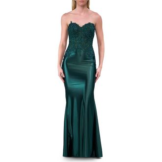 La Femme Strapless Satin Dress with Lace Top and Sweetheart Neckline in Emerald at Nordstrom, Size 10