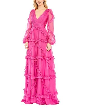 Mac Duggal Cascaded Ruffle Puff Sleeve A Line Gown