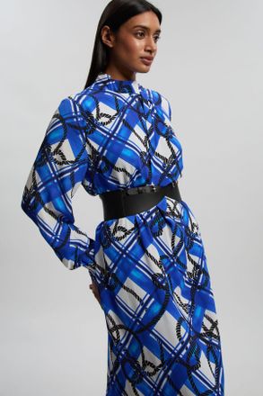 Karen Millen Womens Rope Print Viscose Crepe Balloon Sleeve Maxi Dress With PU Belt - Blue - Size 10 UK