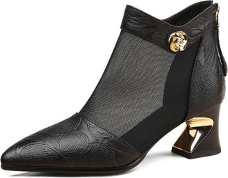 TinaCus Pointed Toe Handmade Back Zipper Womens Chunky Heels Embossed Genuine Leather & Breathable Mesh Ankle Boots, Black, 3 UK