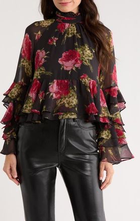 Cinq à Sept Skylah Baroque Roses Ruffle Top in Obsidian Multi at Nordstrom, Size Xx-Small