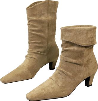 Generic Winter Shoes Womens Boots Faux Suede Mid Stacked Chunky Block Heeled 5CM Pleated Retro Square Toe Fashion-numeric_3_point_5