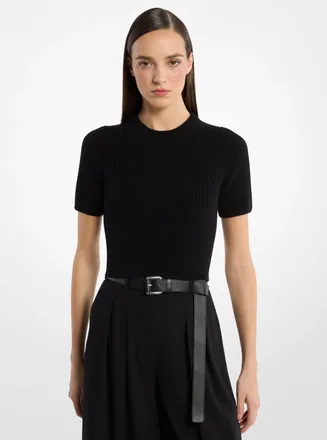 Michael Kors Ribbed Cashmere Three-Quarter Sleeve Cropped Sweater