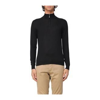 Fedeli Turtlenecks, male, Black, 2XL, Merino Wool Zip Neck Jumper