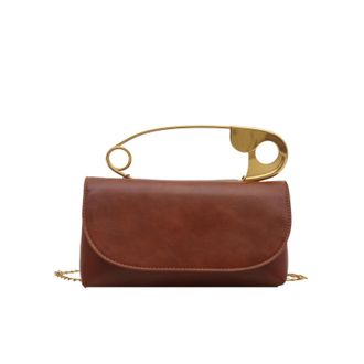 Generic Womens Evening Clutch Purse with Gold Safety Pin Handle, Crossbody Bag with Chain Strap, Brown Leather Small Handbag