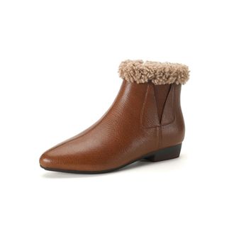 Generic Womens Ankle Boots Faux Shearling Lined PU Leather Pointed Toe Low Block Heels Side Zipper Warm Fluffy Collar Elastic Panel Comfortable Non-Slip Durab