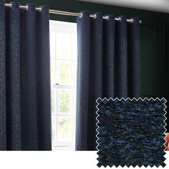 Riva Paoletti Galaxy Velvet Chenille Eyelet Curtain Pair in Navy | Size: 229 cm width x 183 cm drop