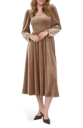 August Sky Long Sleeve Smocked Velvet Midi Dress in Mocha at Nordstrom Rack, Size Medium