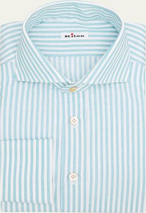 Kiton Mens Candy Stripe Cotton and Linen Dress Shirt