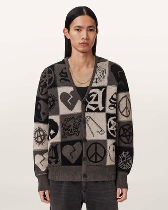 AllSaints Cotton Barker Jacquard Cotton Knit Cardigan, Size: XXL
