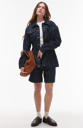 Topshop Pinstripe Denim Bermuda Shorts in Dark Blue Multi at Nordstrom Rack, Size 4 Us (Fits Like 0-2)