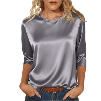 Generic Satin Tops for Women Elegant Going Out Tops Crew Neck 3/4 Sleeve Silk Blouse Ladies Tshirts Shiny Baggy Fashion Tunic Top Casaul Loose Party Business 