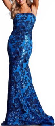 Jovani Floral Shimmer Prom Formal Gown In Blue/multi