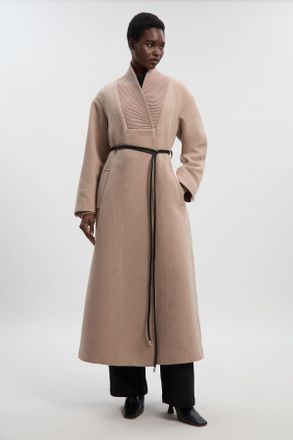 Karen Millen Womens Wool Knitted Wrap Neck Belted Tailored Midi Coat - Taupe - Size 14 UK