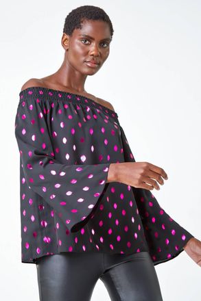 Roman Metallic Polka Dot Print Bardot Top