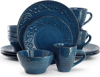 Elama Malibu Deep Ocean 16-Piece Stoneware Dinnerware Set in Blue at Nordstrom