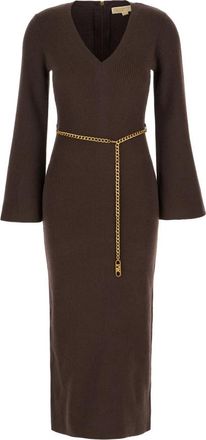 Michael Kors Wollen Mix Midi Jurk met Ceintuur - Dames - Kleedjes - Bruin - L - Wol - Kleedjes
