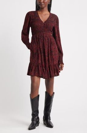 Treasure & Bond Long Sleeve Smocked Bodice Dress in Black- Red Gemma Medallion at Nordstrom Rack, Size Medium