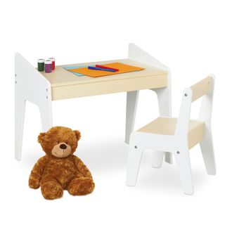 Relaxdays Relaxdays Mesa Y Silla Infantil En Set, Muebles Para Ni&ntilde;os, Unisex, Para Pintar Y Hacer Manualidades, Blanco Y Beige