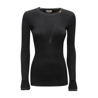 Elisabetta Franchi Round-neck Knitwear, female, Black, Size: M Ribbed Sweater with Jewel Logo
