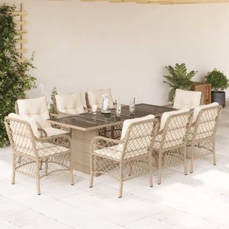 vidaXL Set Comedor De Jard&iacute;n 9 Pzas Con Cojines Rat&aacute;n Sint&eacute;tico Beige Vidaxl