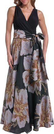 Eliza J Metallic Floral Jacquard Mixed Media Ball Gown in Black Grey at Nordstrom, Size 10