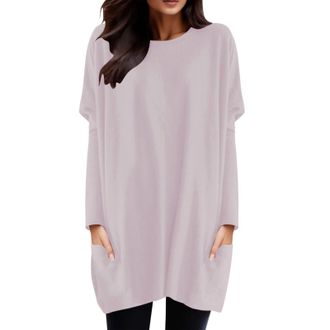 Generic Puff Sleeve Womens Tunic Long - Round Neck Top Womens Long Sleeve Top with Pocket Pure Colours Fashion Casual Blouse Comfortable Soft Blouse Breathabl