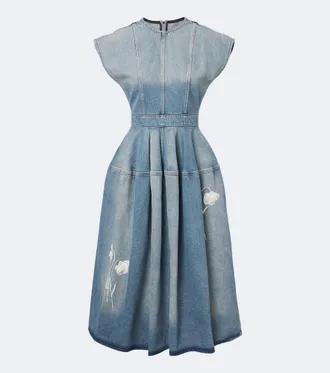 Erdem Floral-appliqu&eacute; denim midi skirt