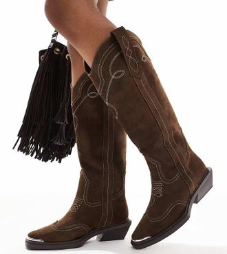 Asos Wide Fit Celeste flat western knee boots in choc faux suede-Brown