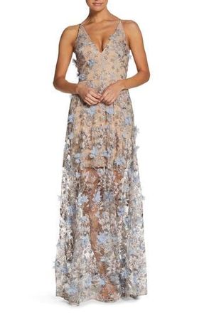 Dress The Population Sidney Deep V-Neck 3D Lace Gown in Minrl Blue Flrl at Nordstrom Rack, Size Medium