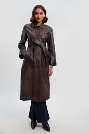 Karen Millen Womens Leather Collared Belted Trench Coat - Chocolate - Size 10 UK