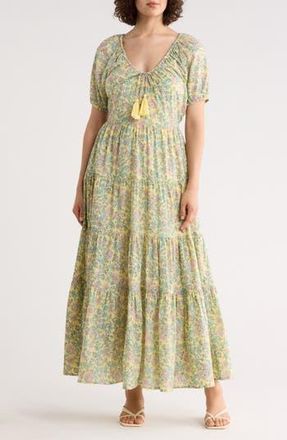 Maisie Short Sleeve Tiered Cotton Midi Dress in Turquoise/Yellow at Nordstrom Rack, Size X-Large