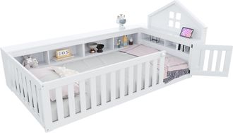 STILVORA Cama Con Barandilla 90 X 200 Cm De Madera Maciza Con Compartimentos De Almacenamiento Integrados, Barandillas Y Laterales De Cama, Sin Colch&oacute;n, Blanco