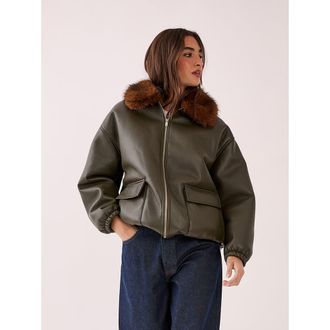 NASTY GAL Faux Fur Collar Bomber Jacket in Khaki at Nordstrom, Size 10