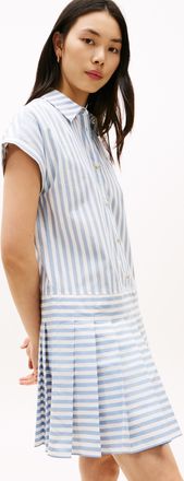 Tommy Hilfiger Shirtkleid TOMMY HILFIGER POPLIN PLEATED SHORT SS DRESS, Damen, Gr. L (42/44), N-Gr, wide banker stp ecru brisk blau, Jersey, Obermaterial: 100% Baumw