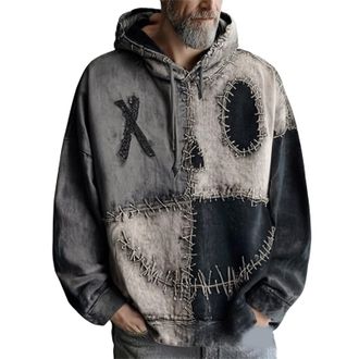 Generic Halloween Hoodies for Men Spooky Pumpkin Face Patchwork Hooded Sweater Cozy Stitched Pullover Top Holiday Sweatshirt Costumes, Grey, 4XL