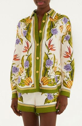 Farm Rio Tropical Scarf Print Button-Up Shirt in Sand at Nordstrom, Size X-Small