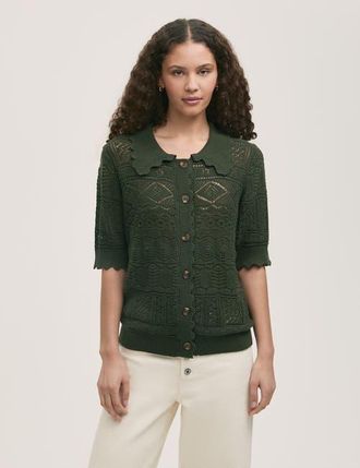 Finery Marlowe Short Sleeve Crochet Cardigan in Khaki at Nordstrom, Size 18