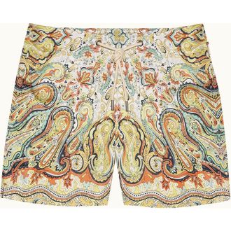 Orlebar Brown Bulldog Drawcord Mid-Length Classic Fit Drawcord Swim Shorts with Fairground Print in Multi/vermillion at Nordstrom, Size 28