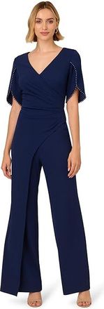 Adrianna Papell Pearl Knit Crepe Jumpsuit Womens Dress Navy Sateen : 16, Elastane/Polyester
