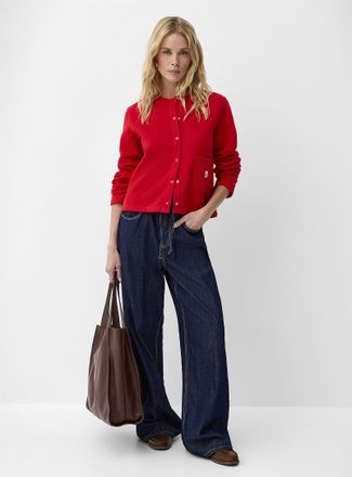 Icone Womens Soft cotton fleece crew-neck boxy Cardigan Sweater