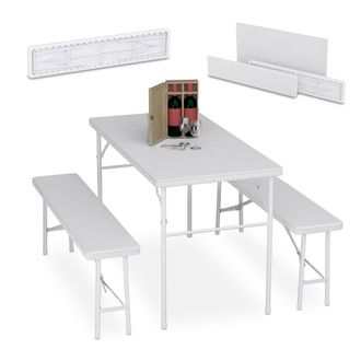 Relaxdays Conjunto Jard&iacute;n Plegable, 3 Piezas, Mesa De Exterior, 2 Bancos Patio, Camping, Recepci&oacute;n, Efecto Rat&aacute;n, Blanco - Relaxdays