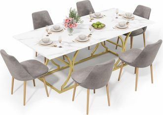 STILVORA Mesa De Comedor Rectangular En Mdf Con Motivo Marmoleado, Patas Ajustables Y Superficie En Melamina - 200&times;80&times;76 Cm, Blanco
