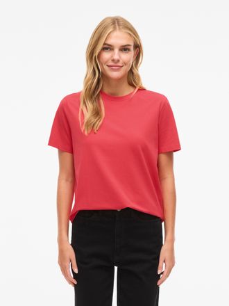 Vila Kurzarmshirt VILA VINORA S/S T-SHIRT - NOOS, Damen, Gr. XXL, hibiscus, Jersey, Obermaterial: 96% Baumwolle, 4% Elasthan, unifarben, regular fit normal