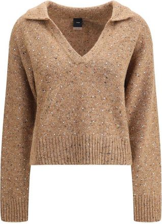 Pinko Pinko Womens Vneck Sweater Glitter Accents - Tan Wool - Size Medium