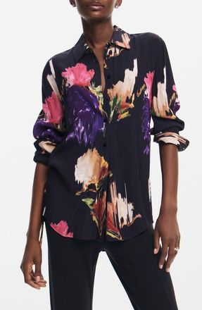 Desigual Nagoya Print Ruched Button-Up Shirt in Black at Nordstrom, Size X-Small