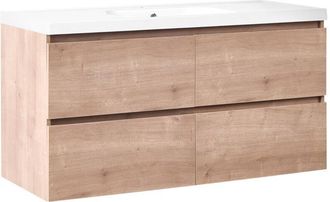 Beliani Mueble De Ba&ntilde;o Suspendido Con Lavabo Frente De Mdf 4 Cajones 120 X 49 Cm Marr&oacute;n Claro Lagoa