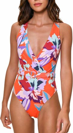 Hutch Meela Belted One Piece Swimsuit In Orange Abstract Floral