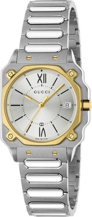 Gucci Ya 166506 - G-Flat 30mm roestvrijstalen kast met 18kt vergulde lunet en schroeven; Zilver gegalvaniseerde wijzerplaat met Romeinse indexen om 12 en 6 