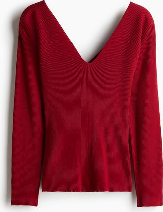 H&M V-Shirt in Rippstrick - Dunkelrot